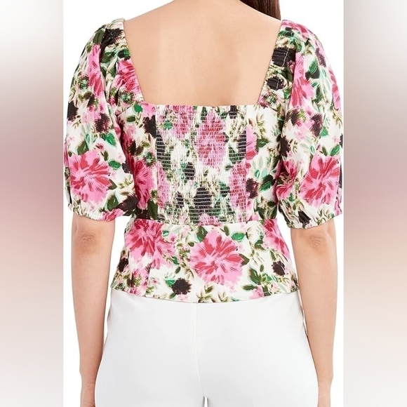 BCBGMaxAzria Colorful Bold Floral Puff Sleeve Button-Up Crop Top Coastal Beach - Picture 4 of 10